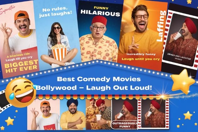 Collage of popular Bollywood comedy movie characters including Akshay Kumar, Hera Pheri, Housefull, and 3 Idiots, representing the best comedy movies Bollywood